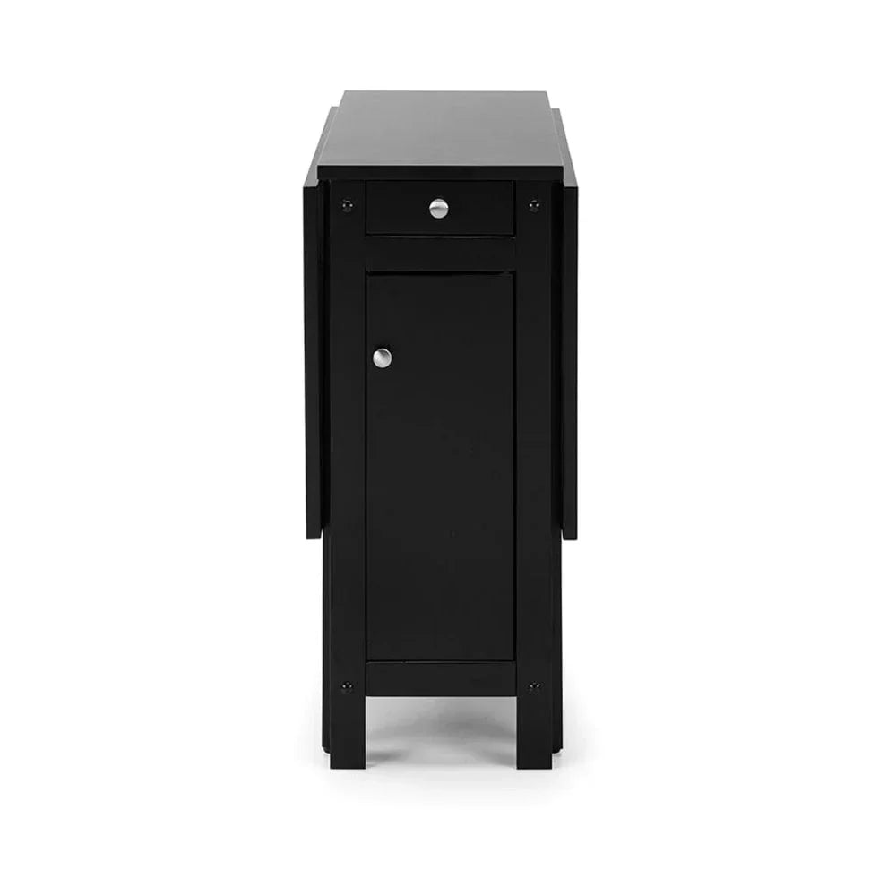 Black wooden console table with drop sides, single drawer and cabinet, front view