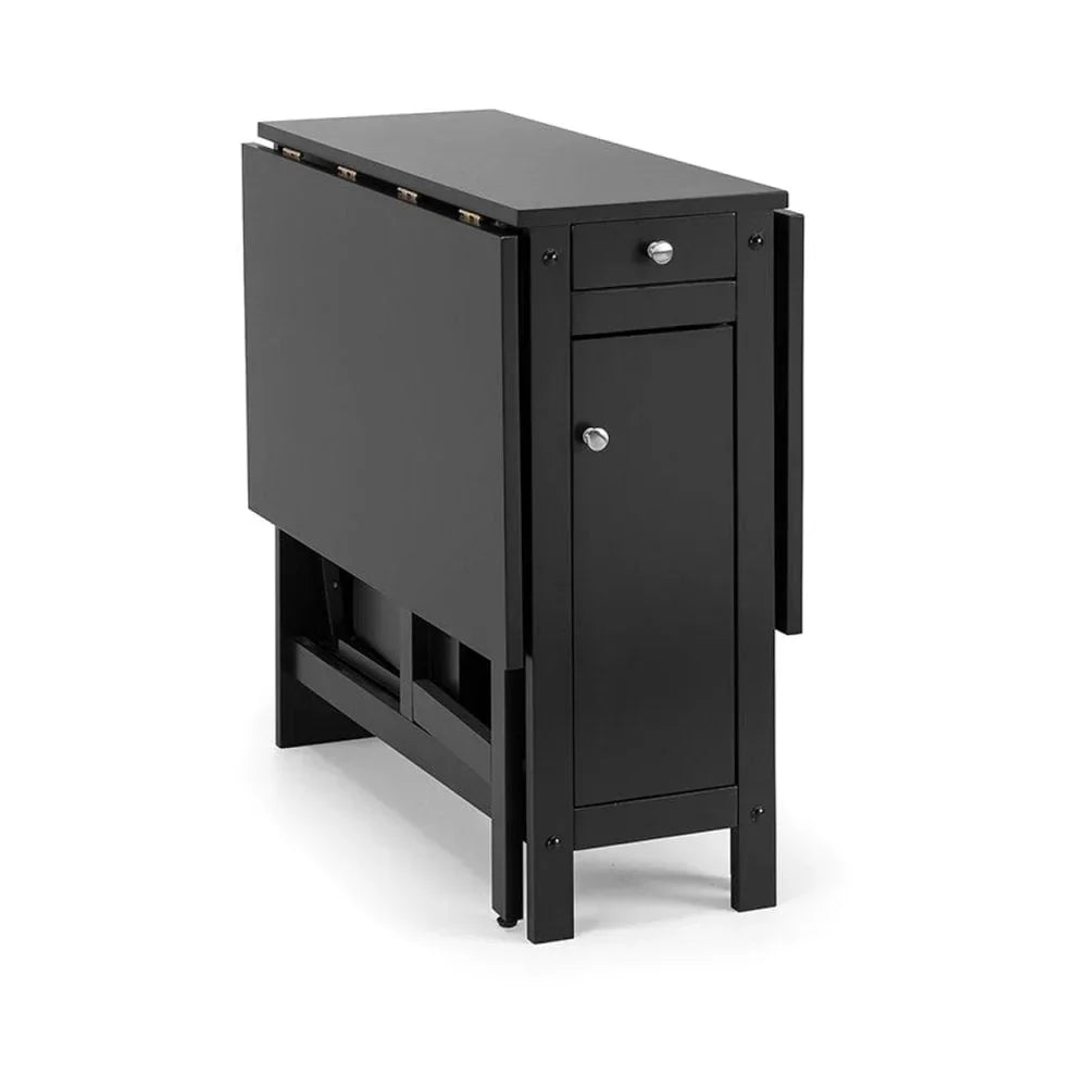 Black folding dining table with storage drawer and compact design