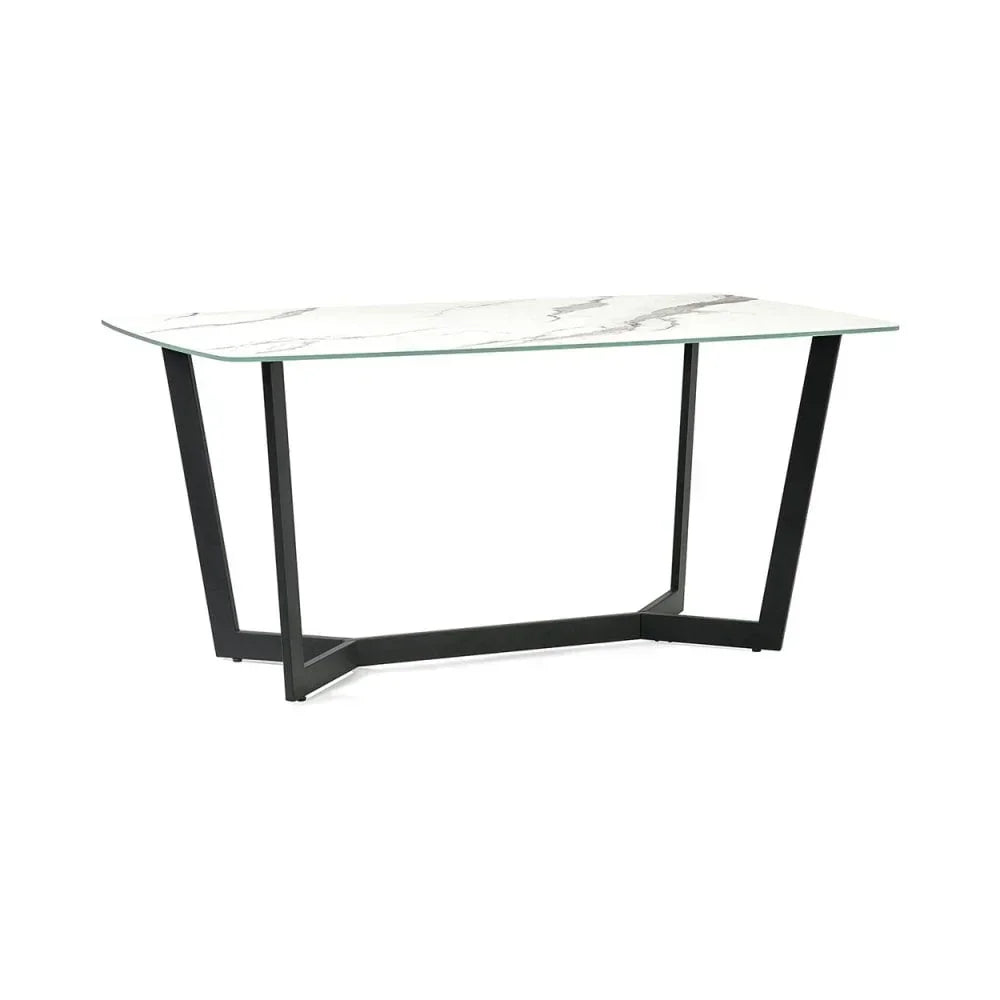 Rectangular marble dining table with black metal legs, angled front view