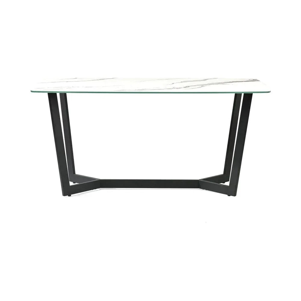 Modern dining table with white marble top and black metal angular legs