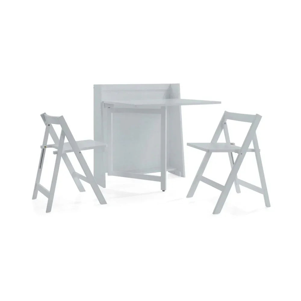 White foldable dining table with two matching folding chairs on white background