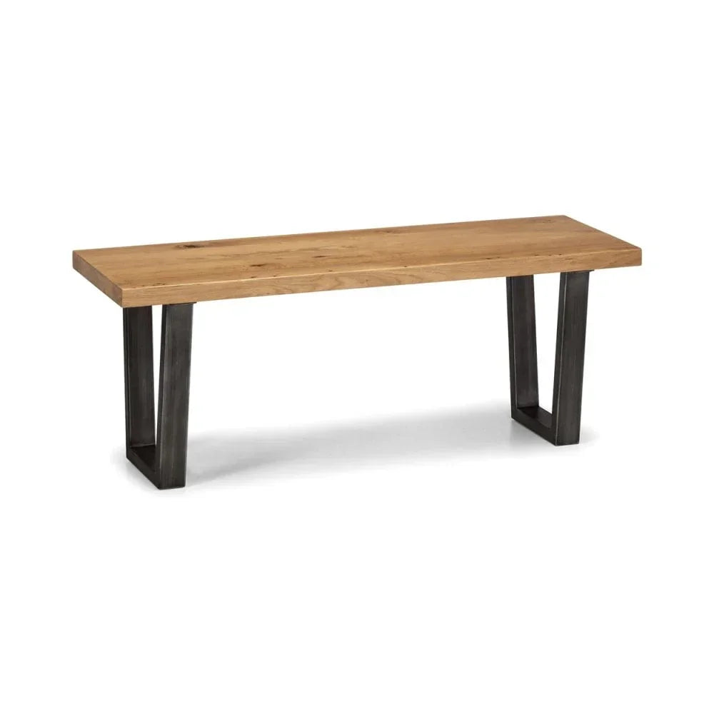 Wood dining bench with metal legs in a modern industrial style, side angle view