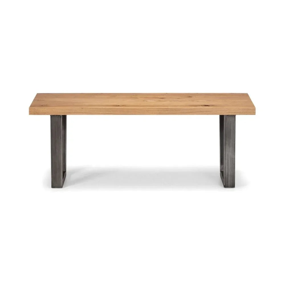 Rectangular wooden dining bench with black metal legs, front view