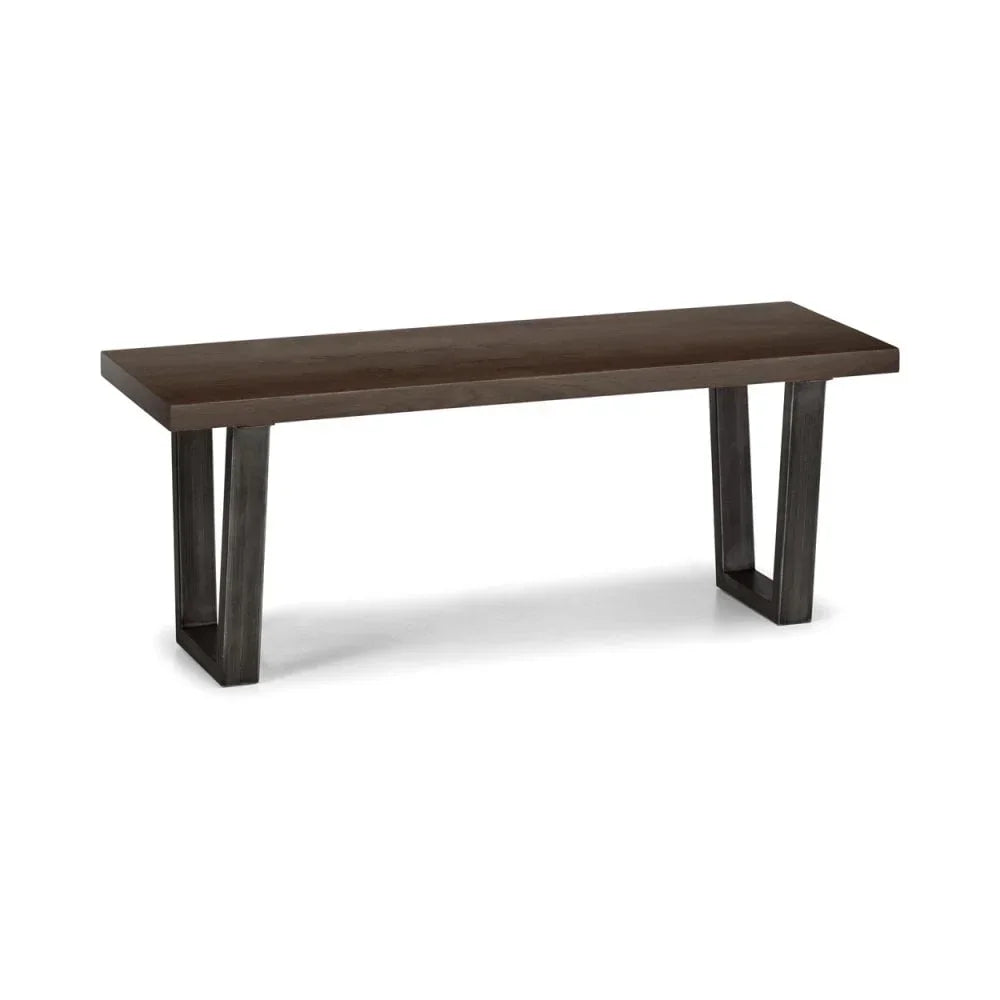 Dark wood dining bench with metal legs, rectangular seat, modern minimalist style