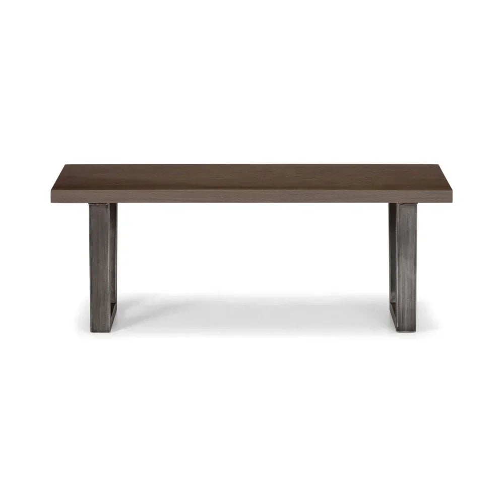 Rectangular wooden dining bench with dark brown top and metal legs, front view