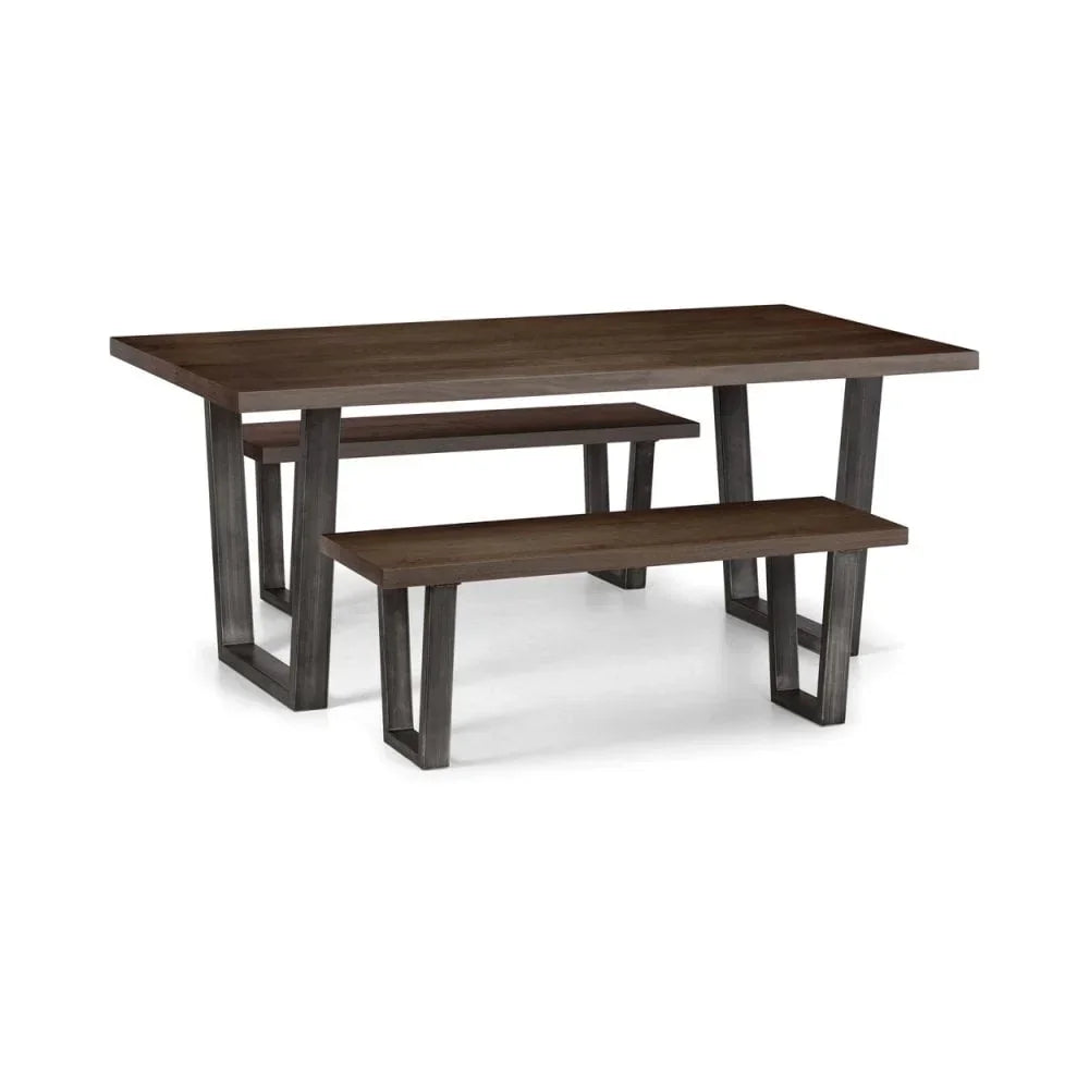 Rectangular wooden dining table with two matching benches and metal legs