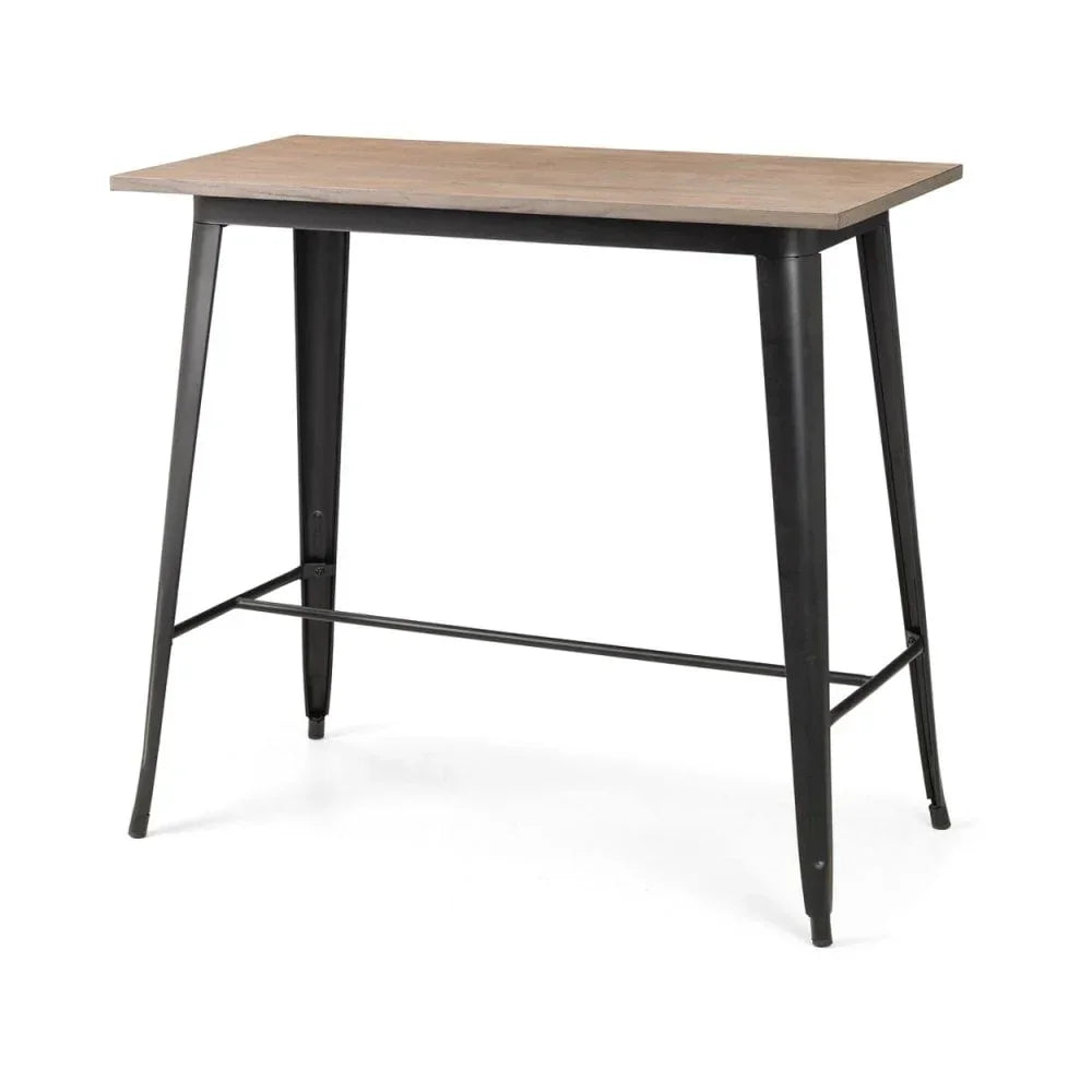 Industrial bar table with light wood top and black metal legs