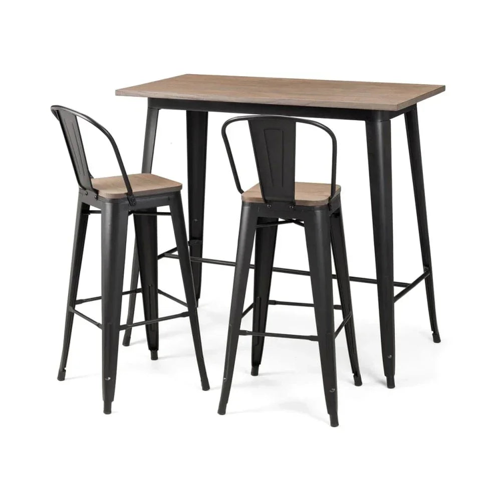 Industrial bar table set with black metal frame and two matching stools with wood seats