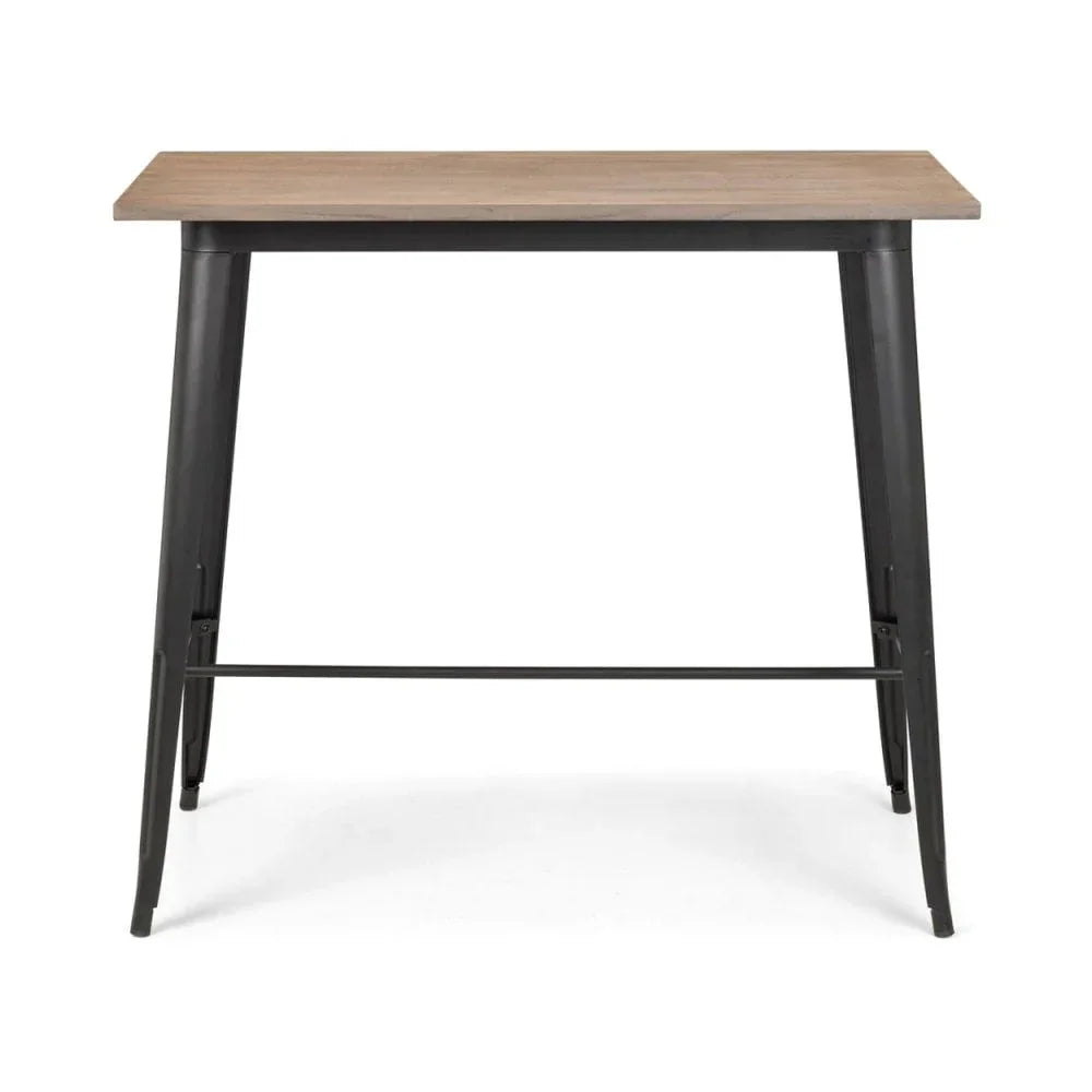 Industrial style dining table with light wood top and black metal legs, front view