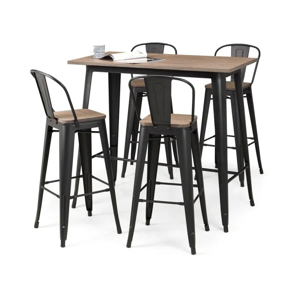 Industrial bar table set with black metal frames and wood tops, includes four high stools