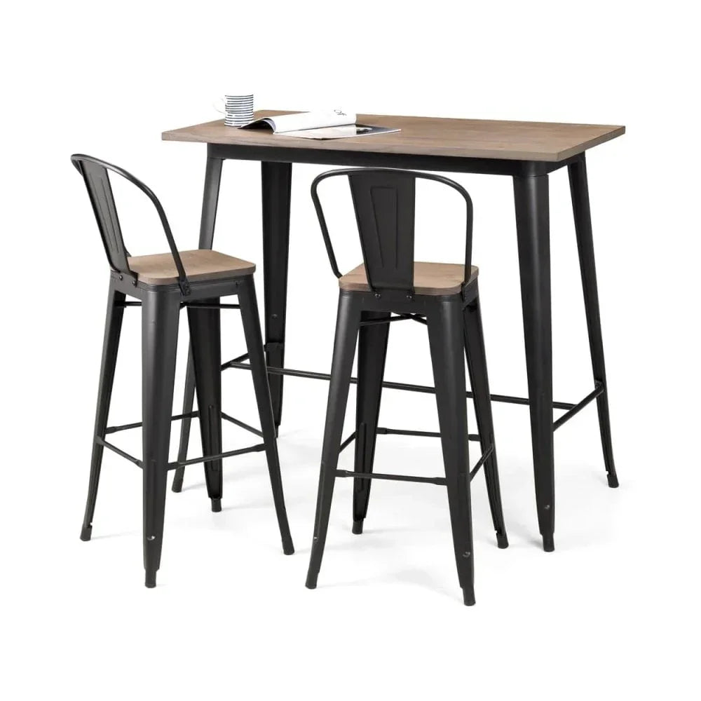 Industrial bar table set with two metal bar stools and wood tops