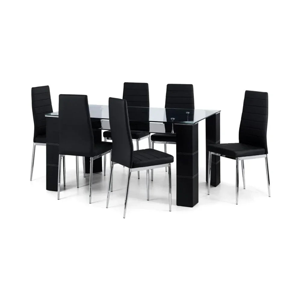 Glass dining table set with six black faux leather chairs and chrome legs