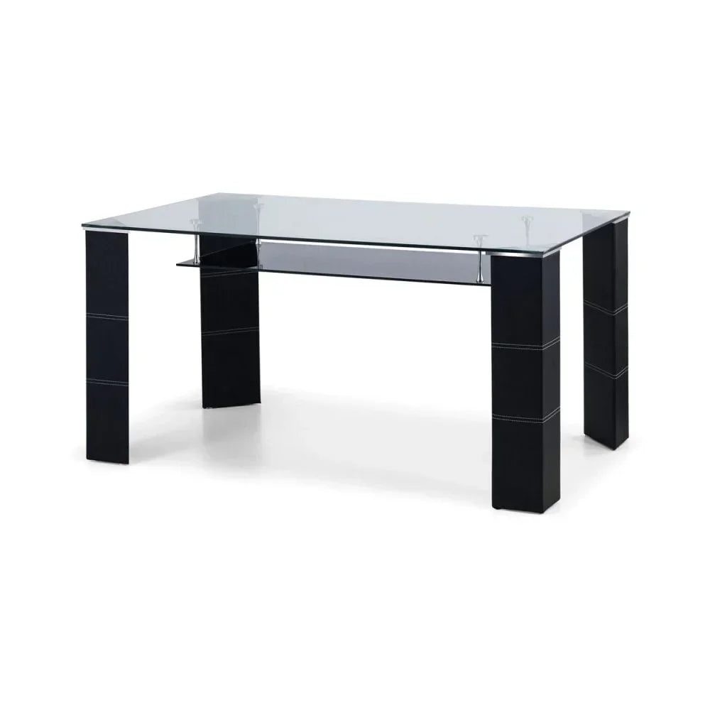 Glass dining table with black legs and shelf, modern rectangular design