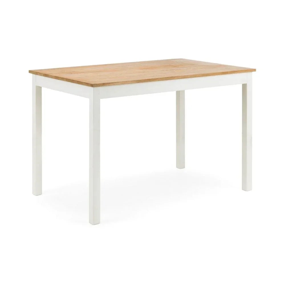 Rectangular dining table with light wood top and white painted legs