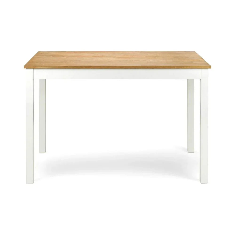 Rectangular dining table with white legs and natural wood top, front view