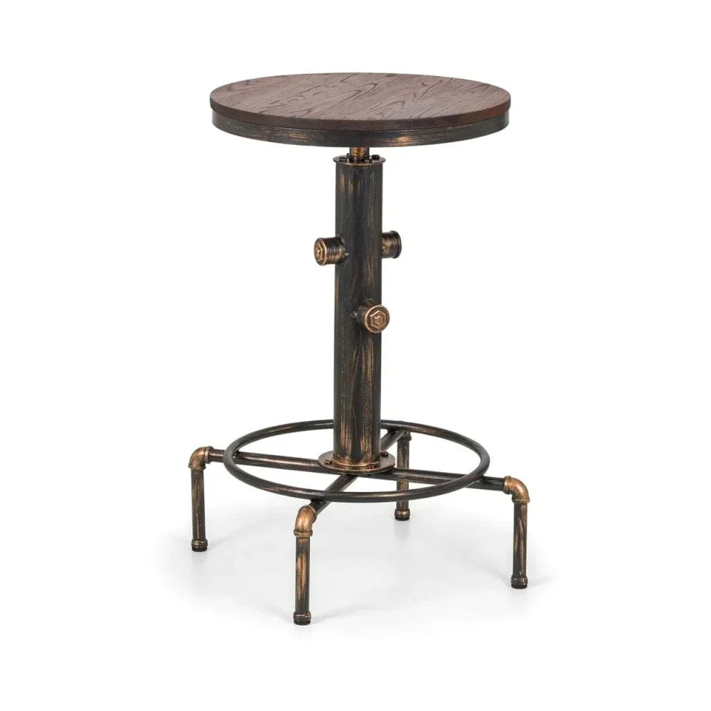 Industrial bar stool with round wood seat and metal pipe base