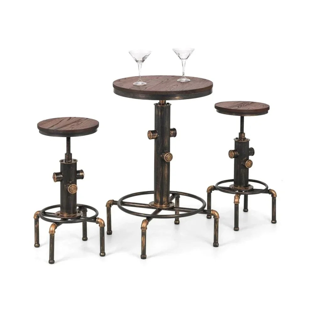 Industrial bar table set with round wooden table and two matching stools, metal frame