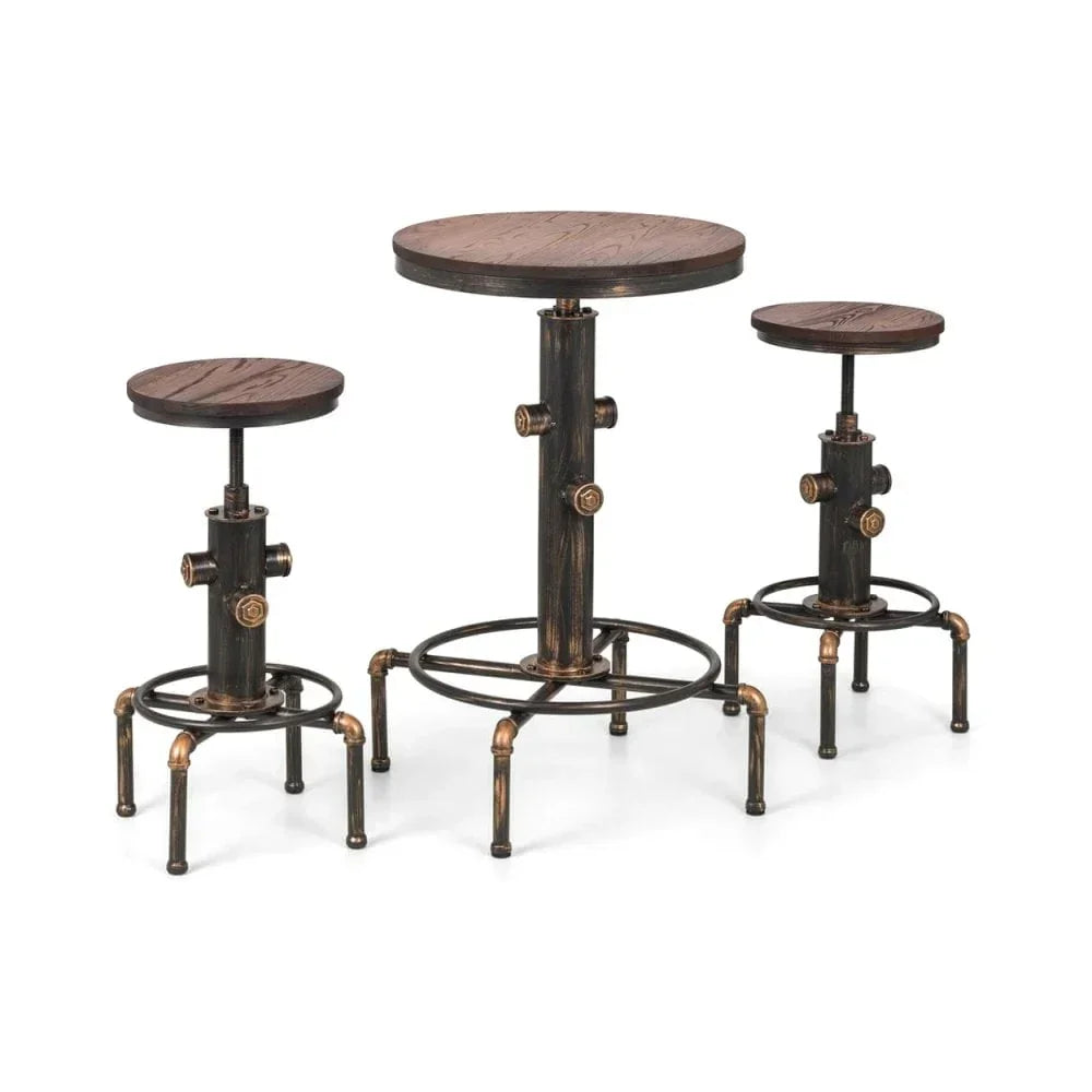 Industrial bar table set with round wood tops and metal pipe legs in three heights
