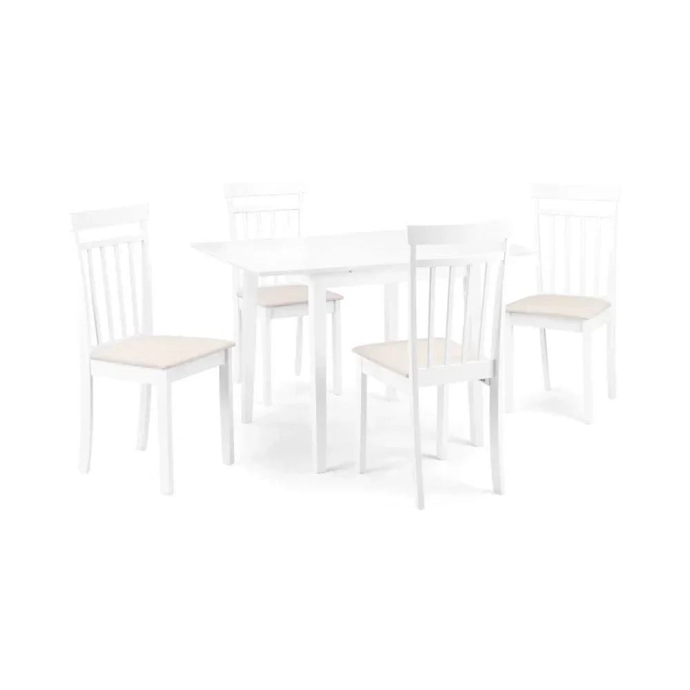 White dining table set with four chairs and cushioned seats on white background