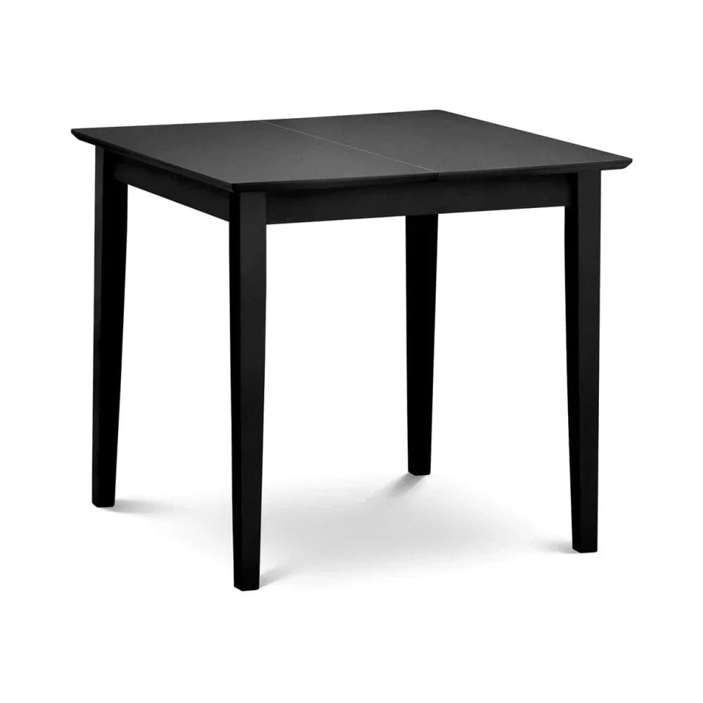 Square black dining table with four straight legs on a white background
