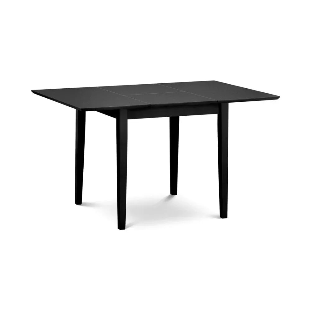 Black rectangular dining table with extended leaves and tapered legs