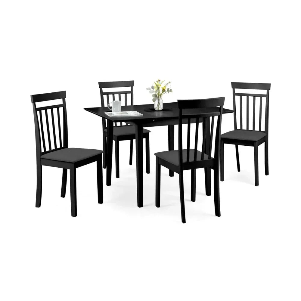 Black dining table set with four matching chairs and vase centerpiece