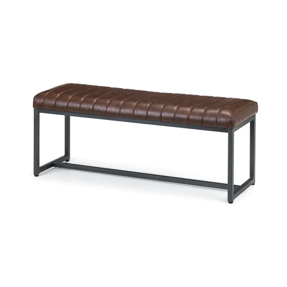 Brown leather bench with stitched seat and black metal frame, side angle view