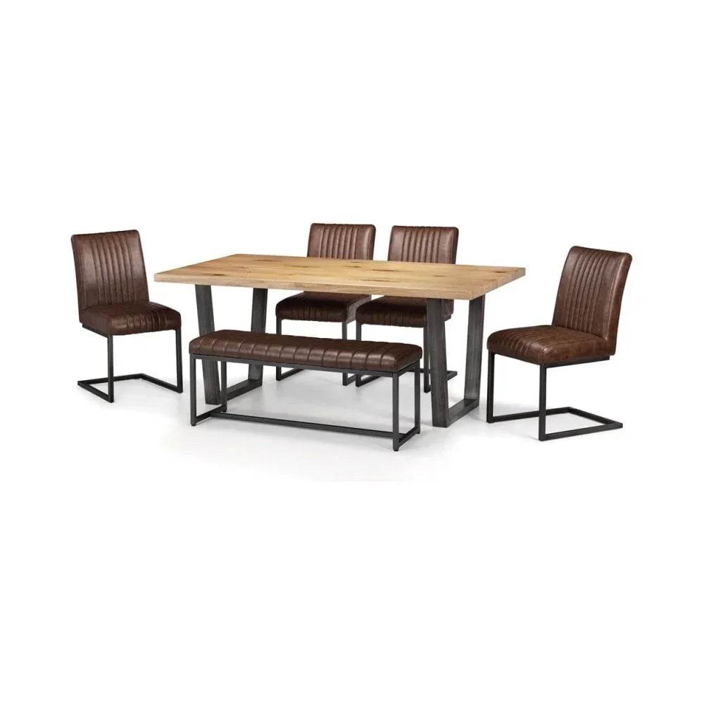 Industrial dining set with wood table, four brown leather chairs and matching bench