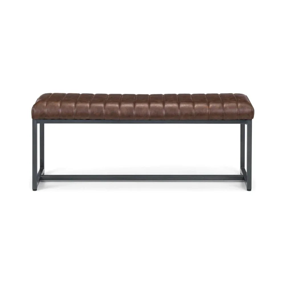 Brown leather bench with black metal frame and stitched seat, front view