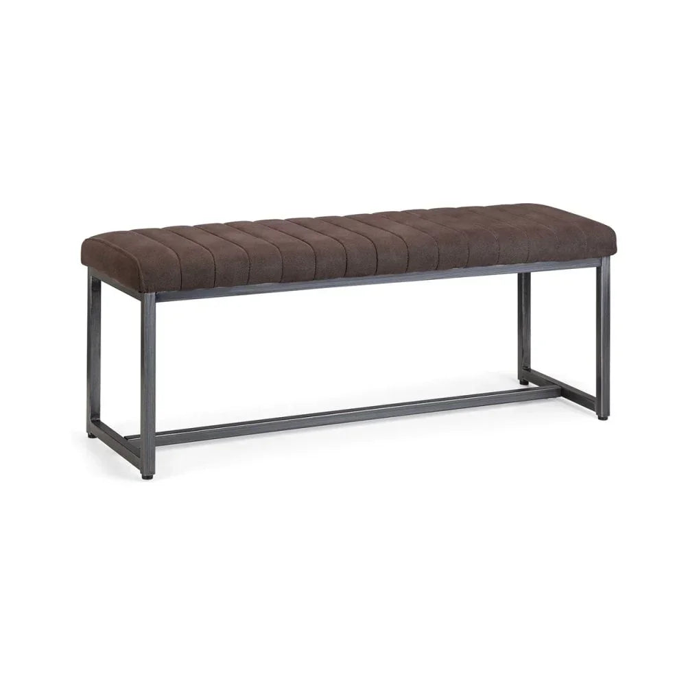Brown upholstered bench with black metal frame and horizontal stitching design