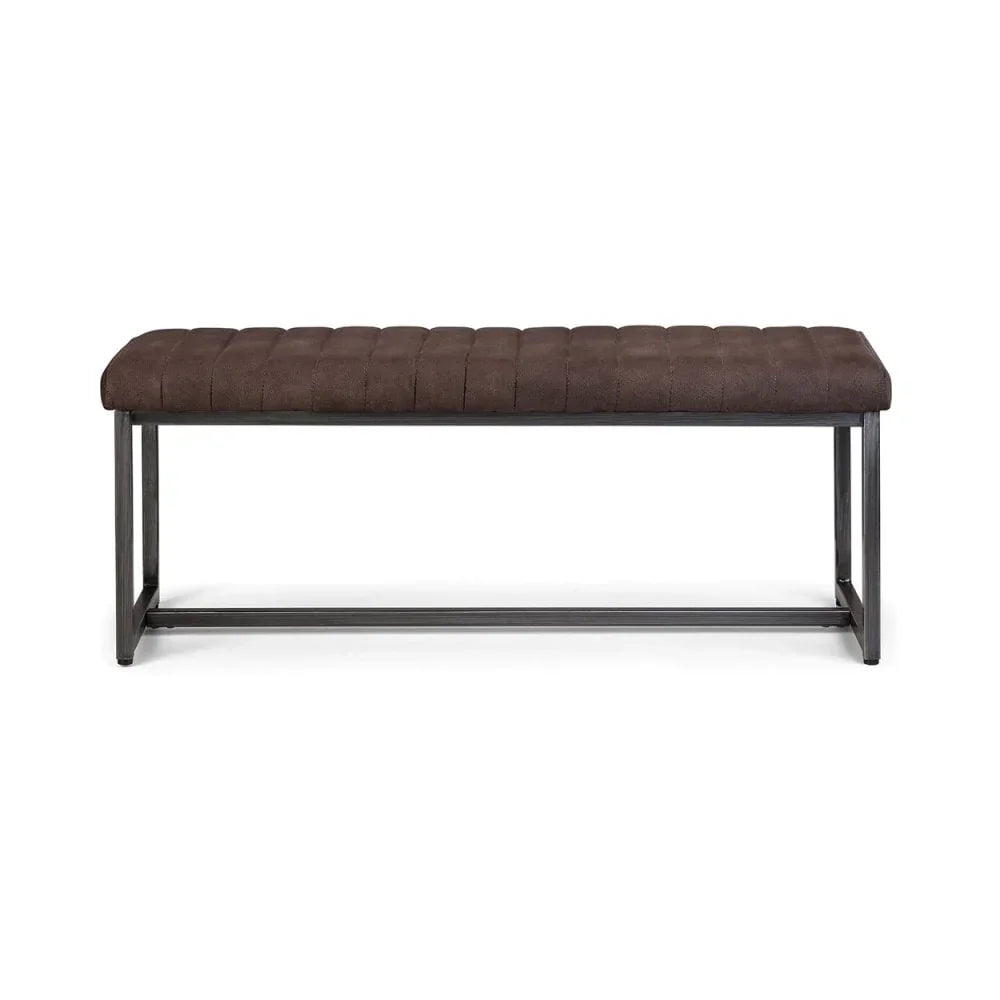 Brown upholstered bench with black metal frame and rectangular seat, front view