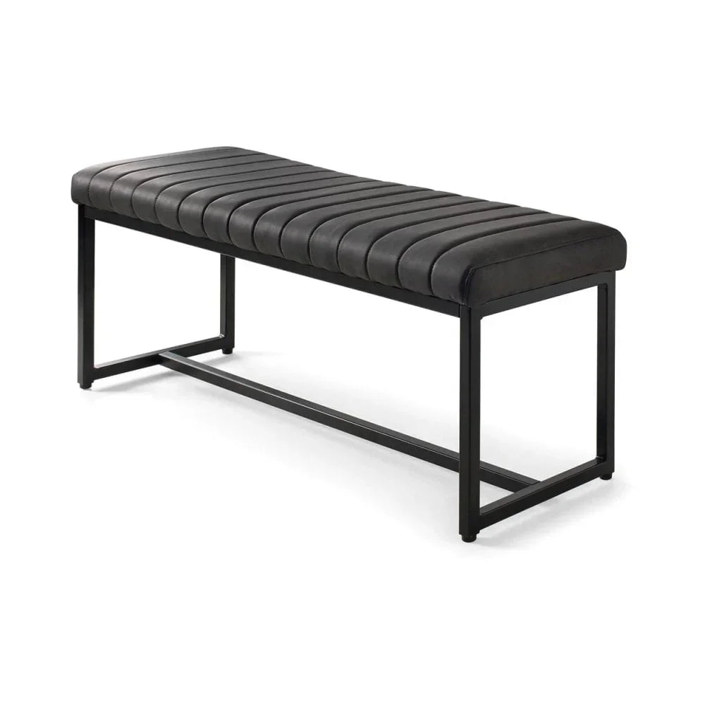 Black faux leather bench with ribbed seat and metal frame, angled side view