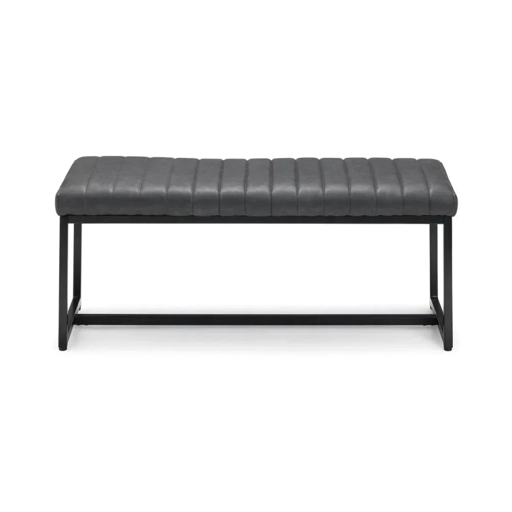 Grey faux leather bench with black metal frame and stitched seat, front view