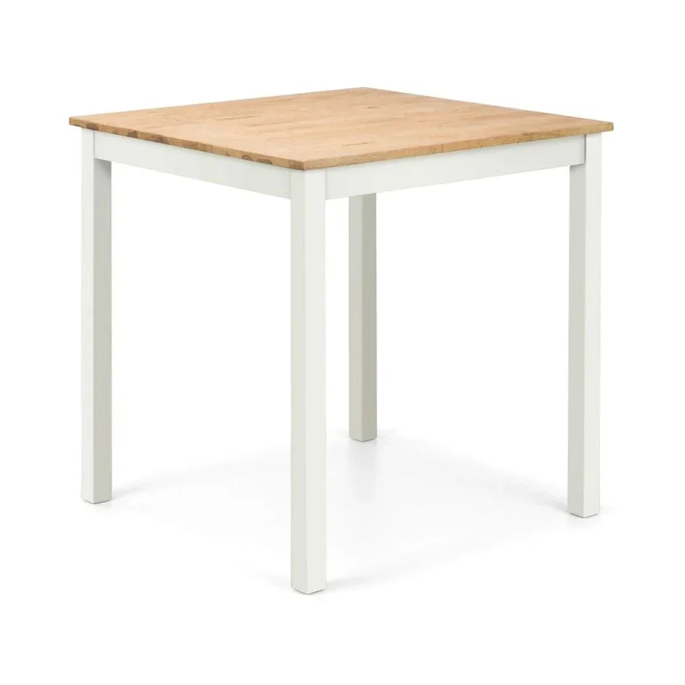 Square dining table with light wood top and white legs, shown at an angle on white background