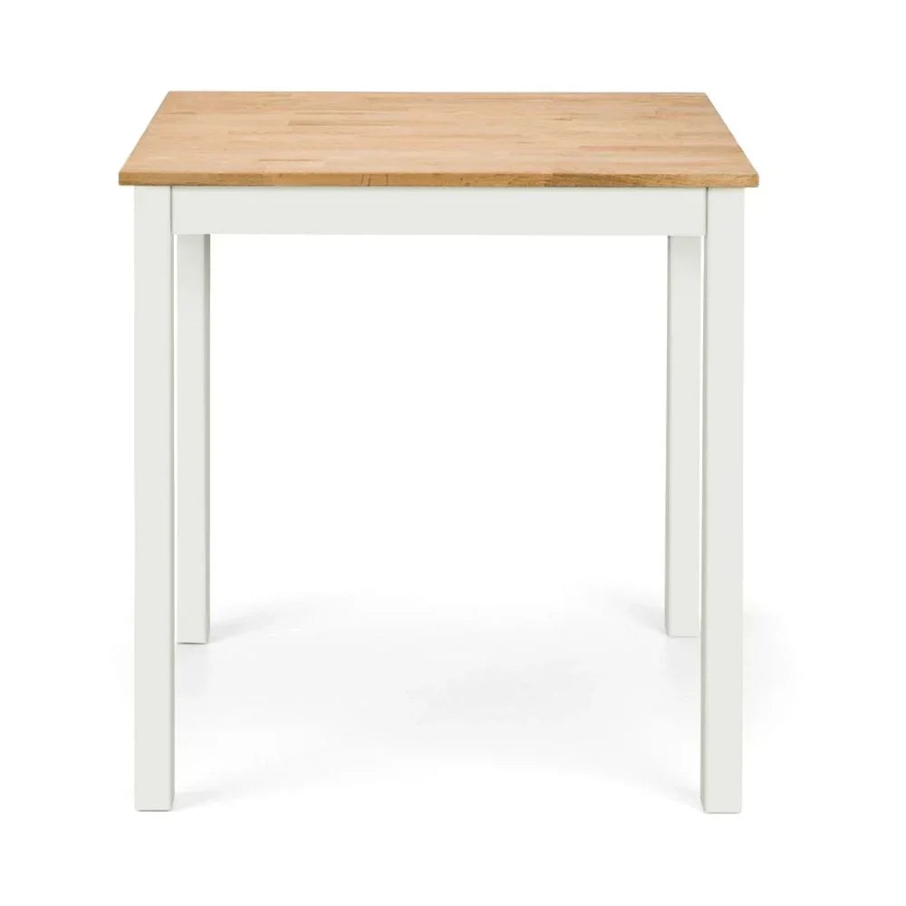 Square dining table with white legs and light wood top, front view