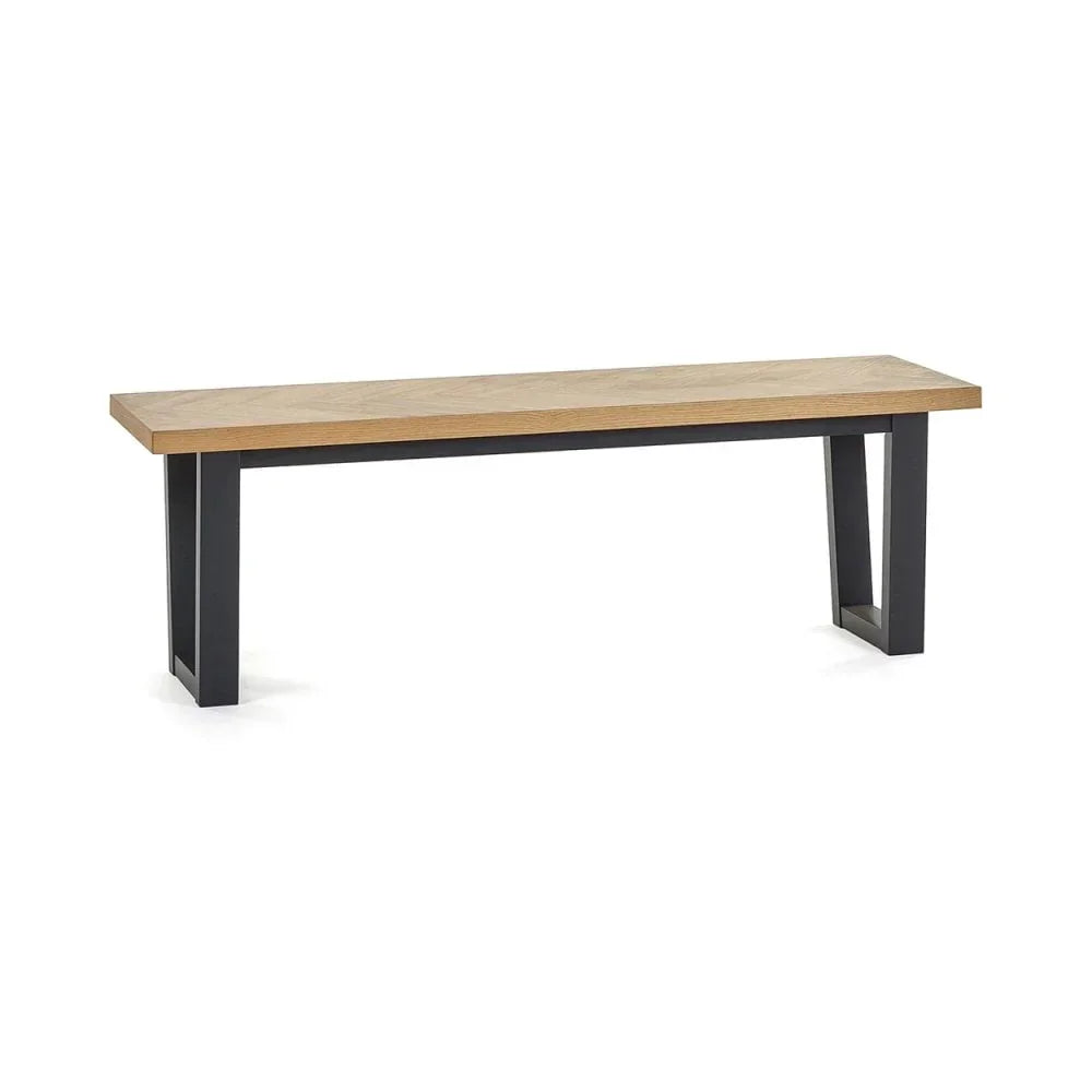 Modern dining bench with light oak top and black metal legs on white background