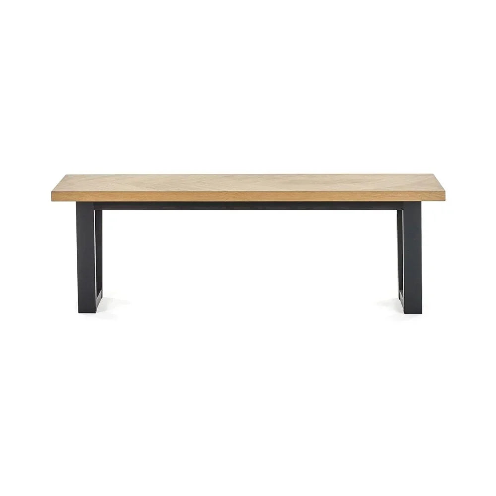 Rectangular wooden dining bench with black metal legs, front view on white background