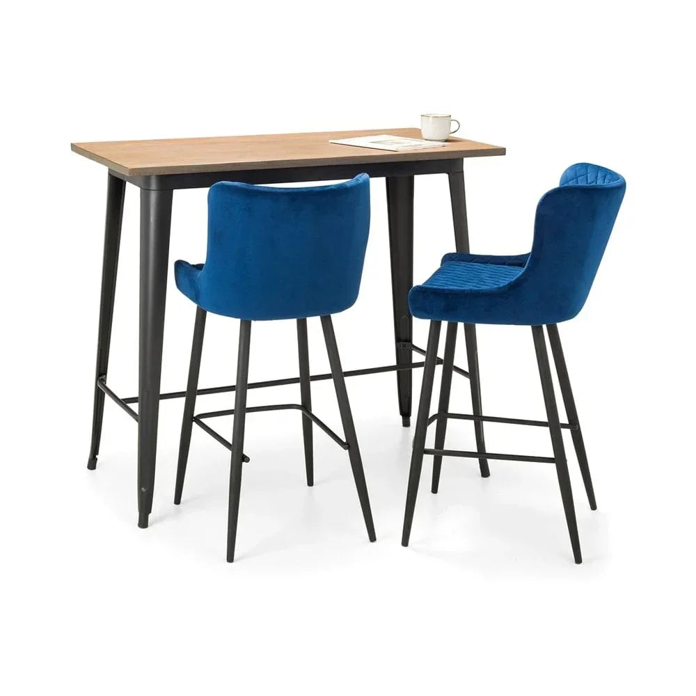 Bar table with wood top and two blue velvet bar stools with black metal legs