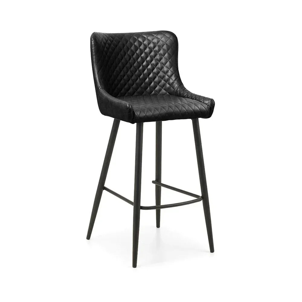 Black quilted bar stool with metal legs and curved backrest on white background