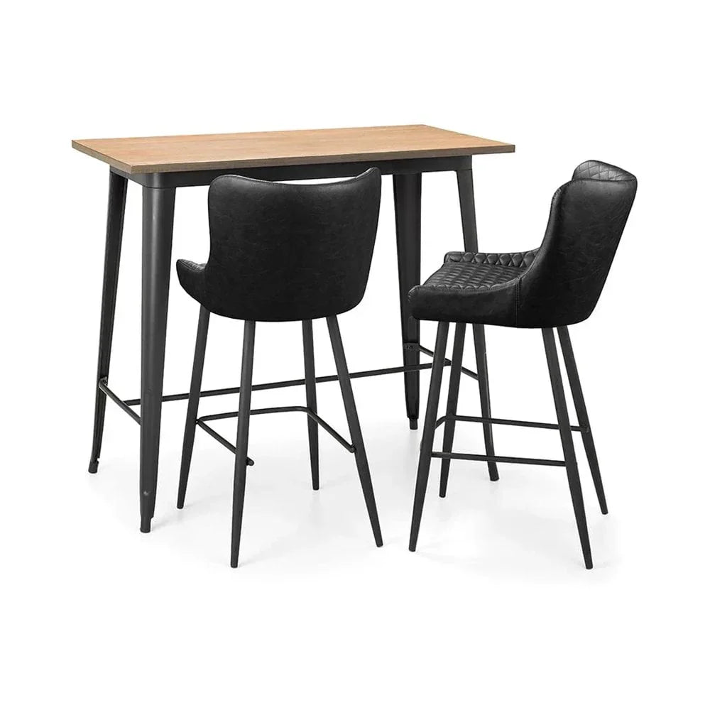 Bar table with black metal legs and oak top, paired with two black bar stools