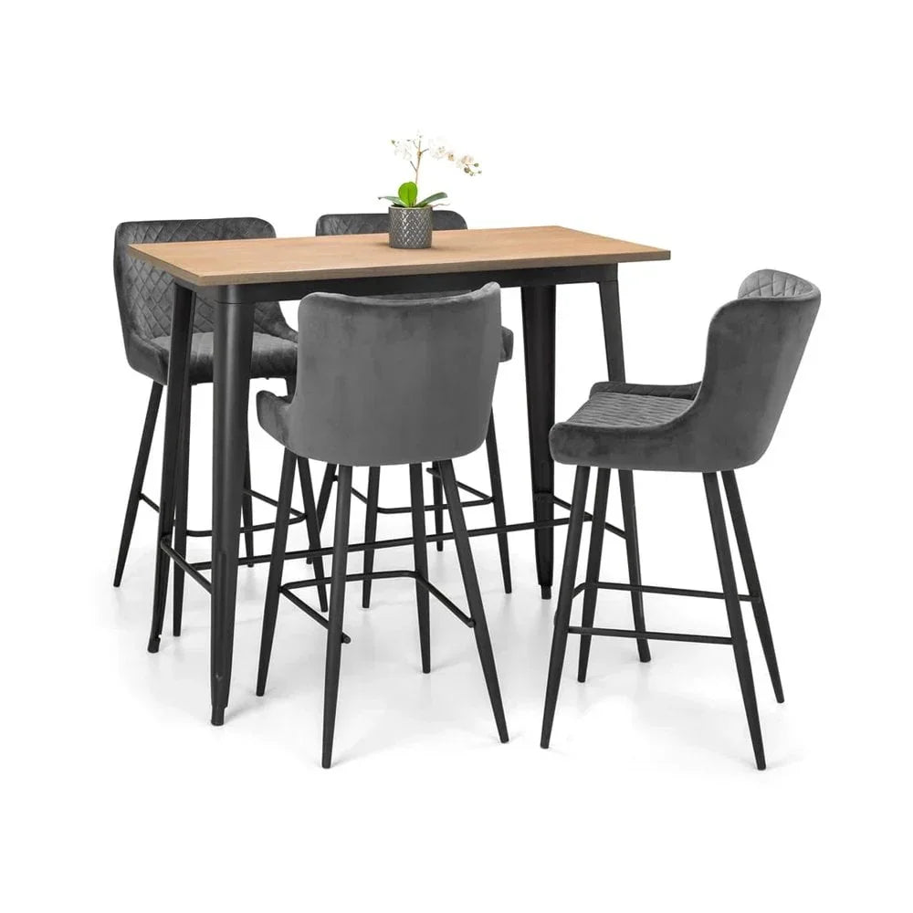 Bar table set with wood top and four grey velvet bar stools, black metal legs