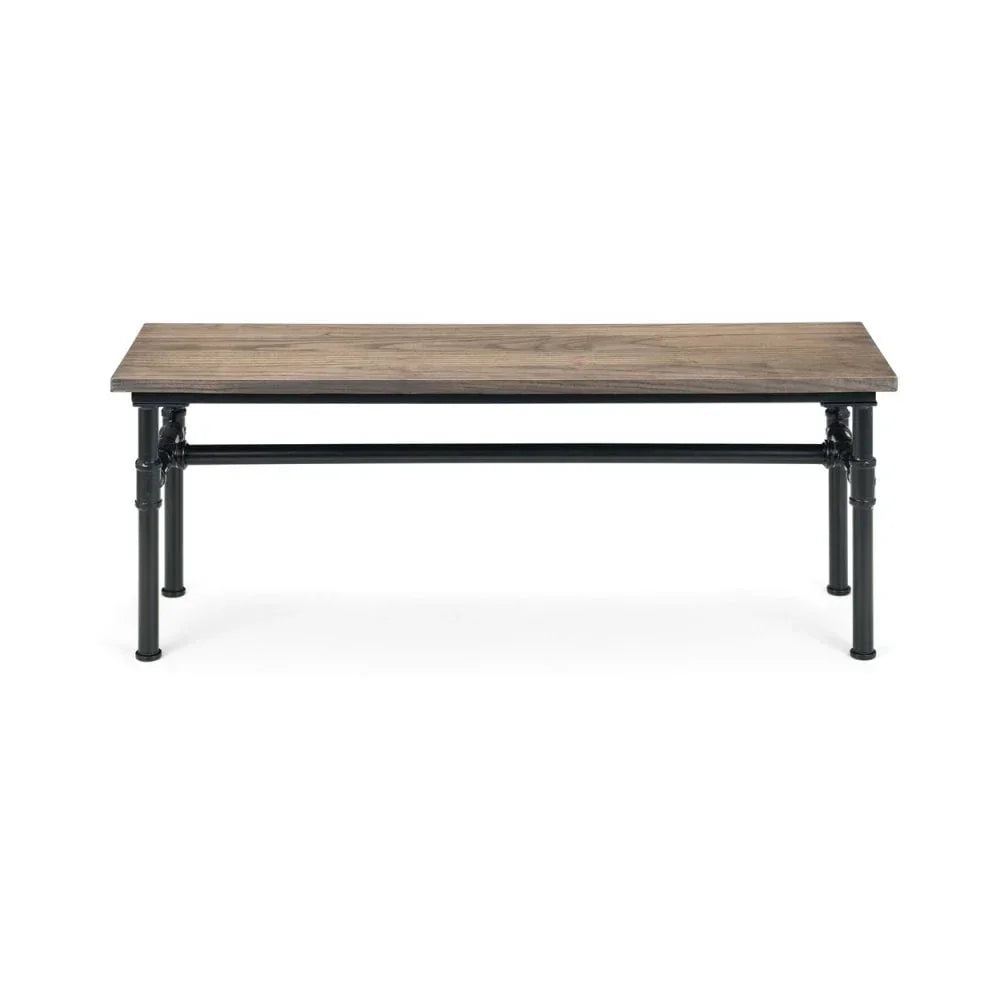 Industrial style coffee table with wooden top and black metal legs, front view