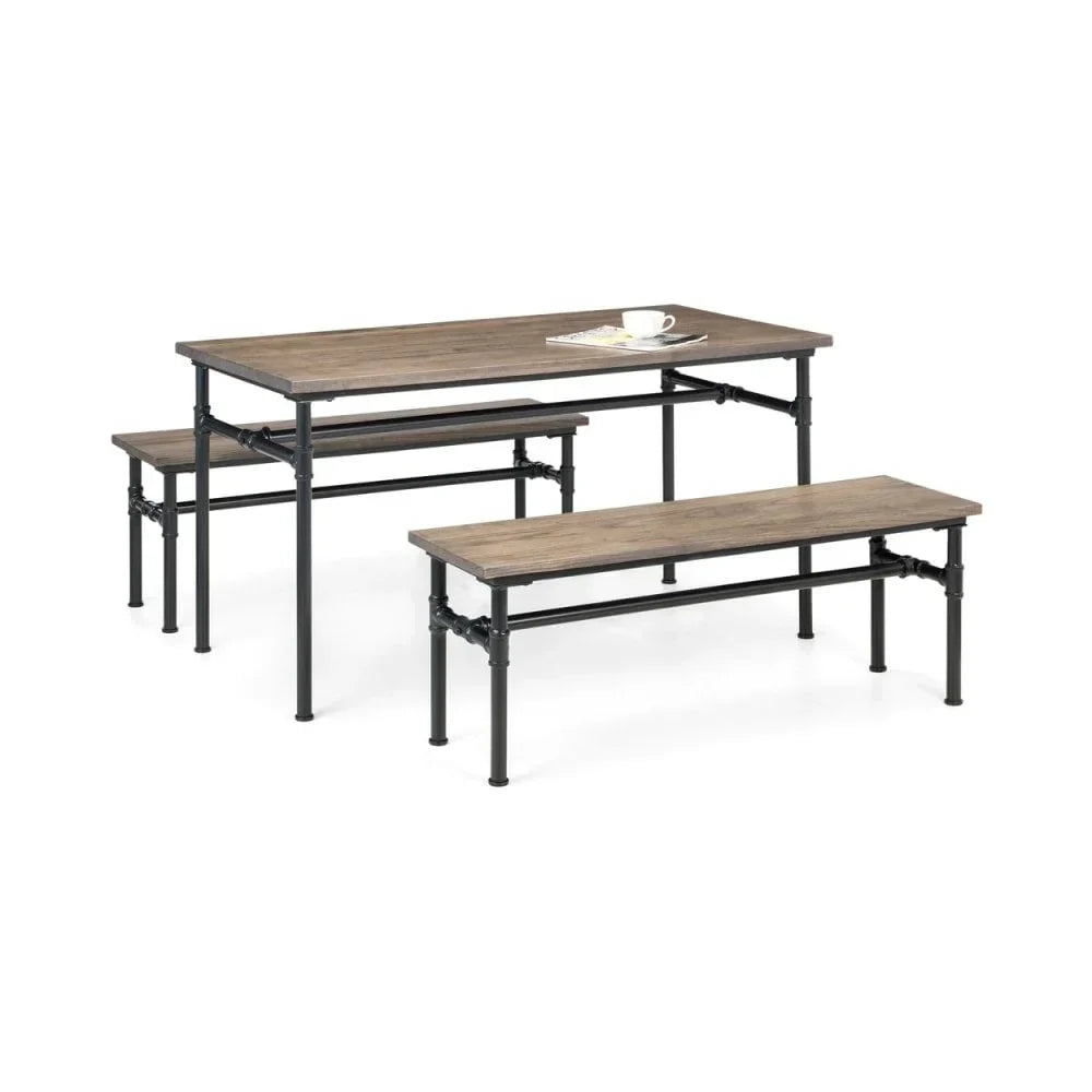 Industrial dining table set with two wooden benches and black metal frame