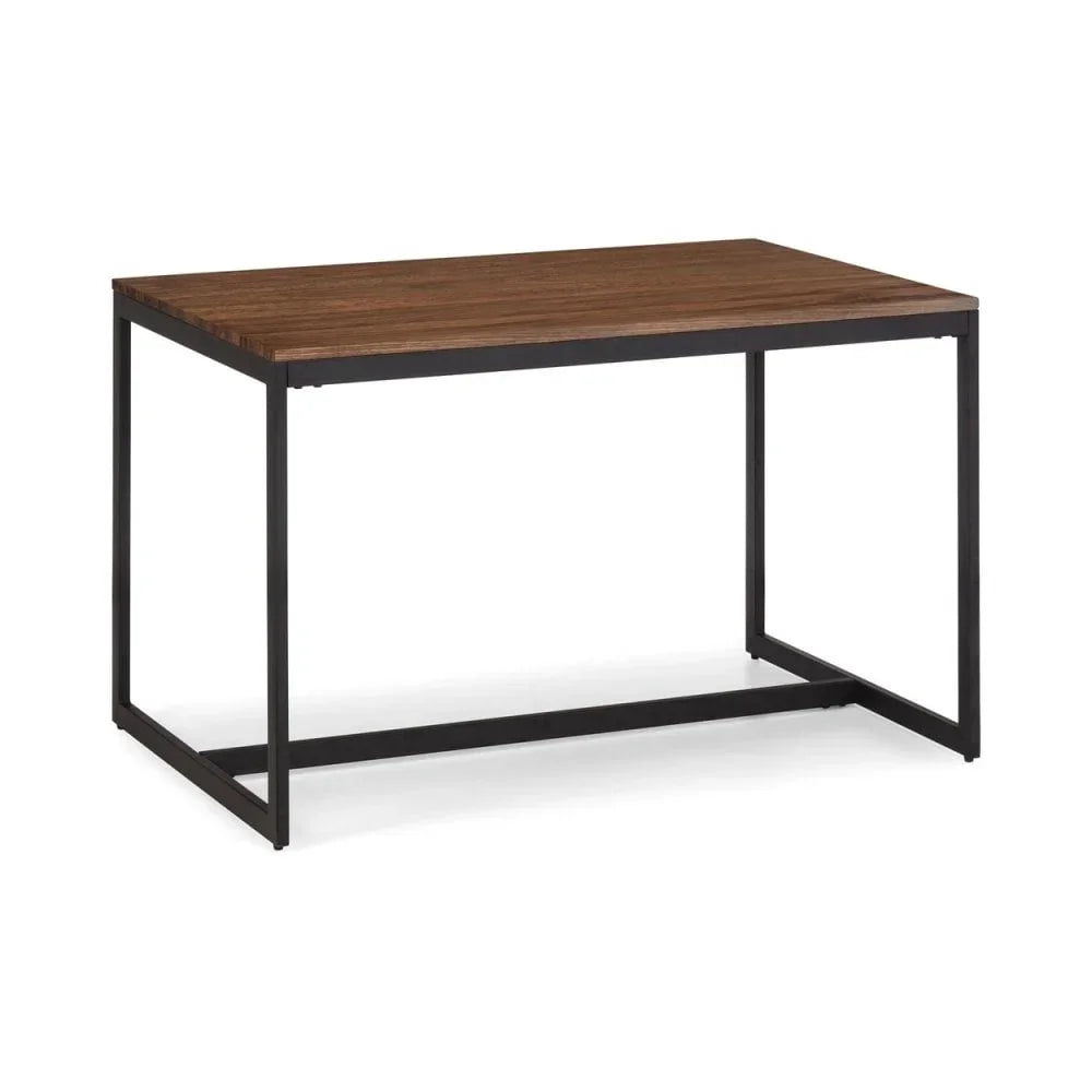Rectangular dining table with dark wood top and black metal frame