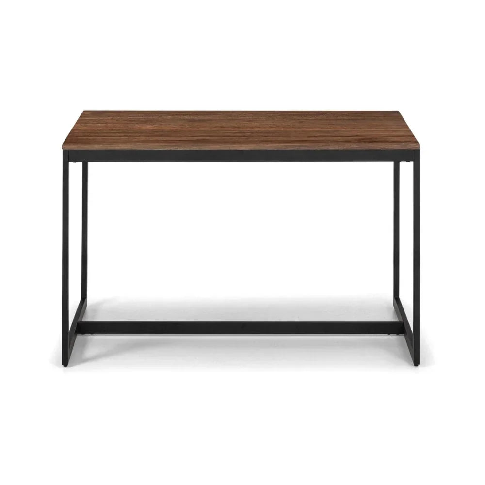Rectangular dining table with dark wood top and black metal frame, front view