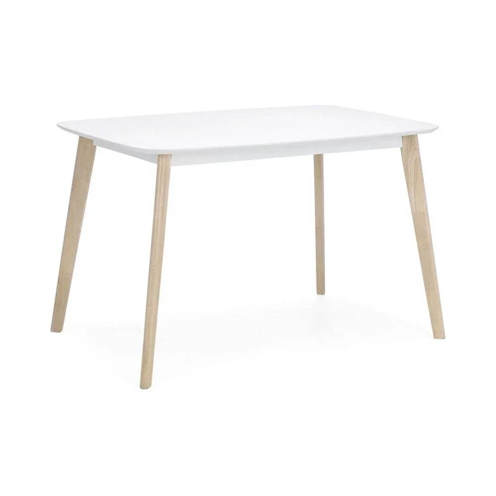 Rectangular white dining table with light wood legs, minimalist modern furniture