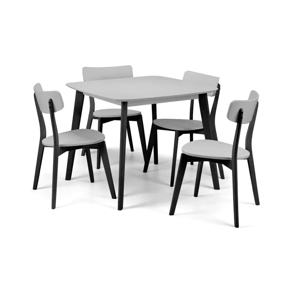 Modern dining table set with four chairs, black wooden legs and light grey seats