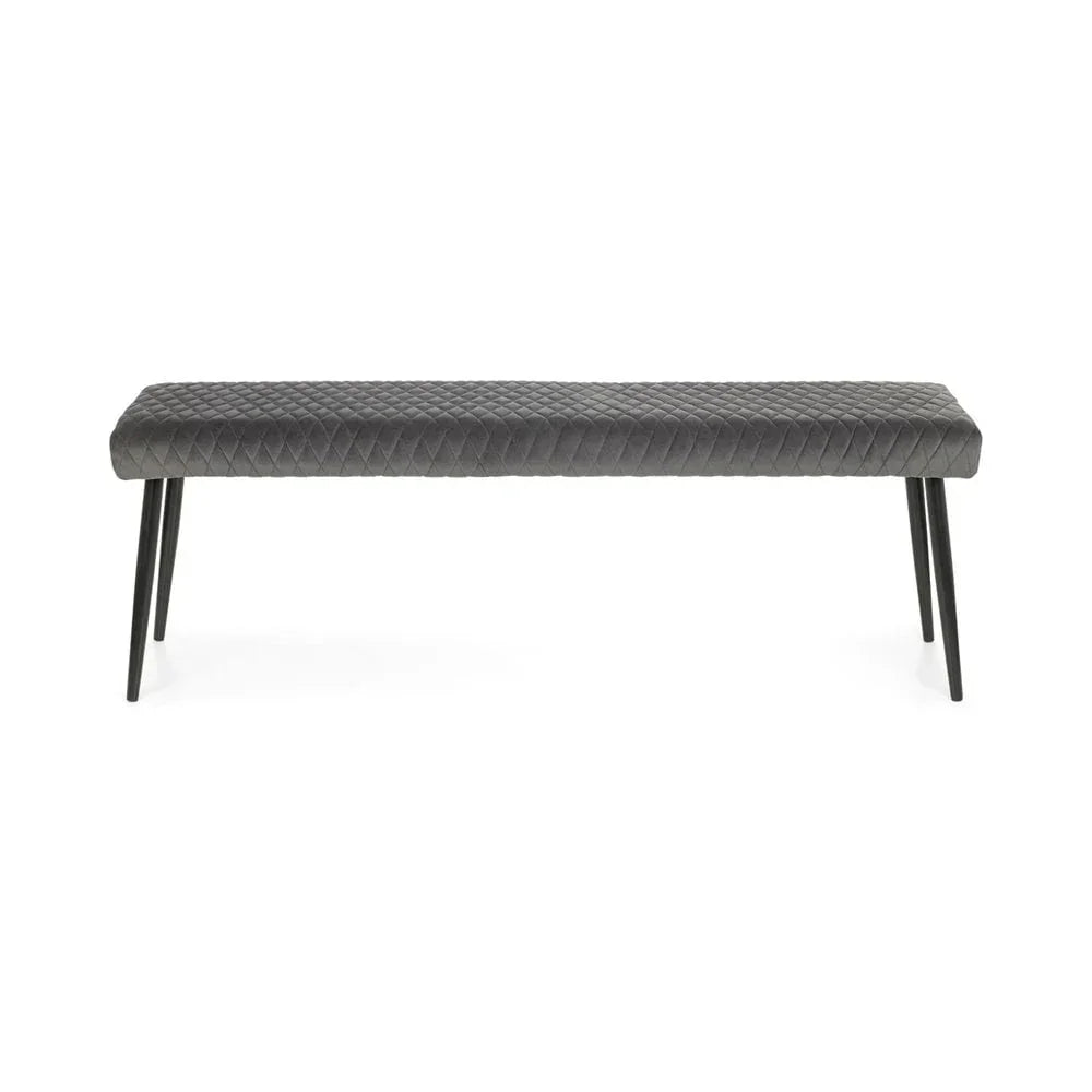 Grey upholstered dining bench with quilted seat and black metal legs, front view