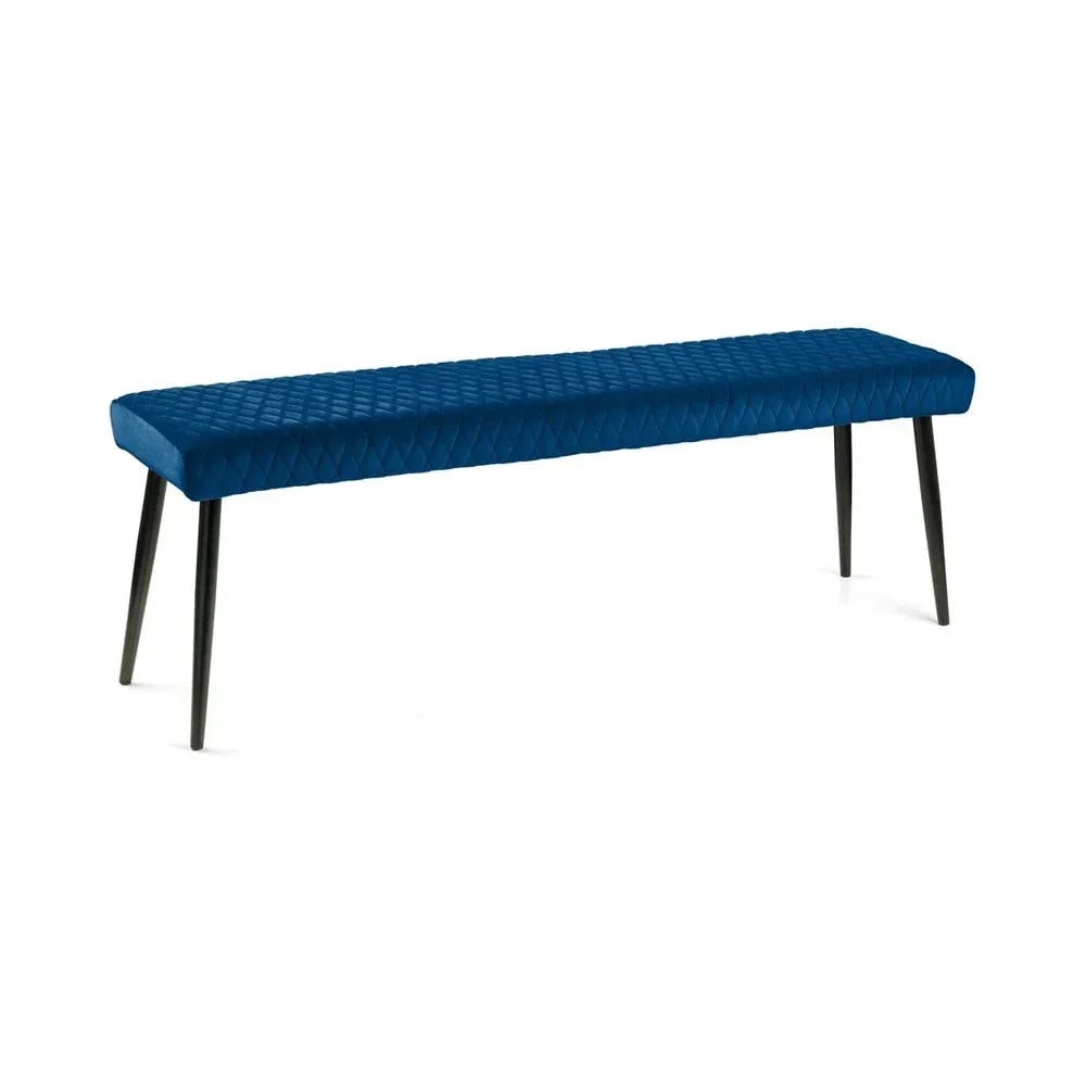 Blue upholstered dining bench with quilted seat and black tapered legs