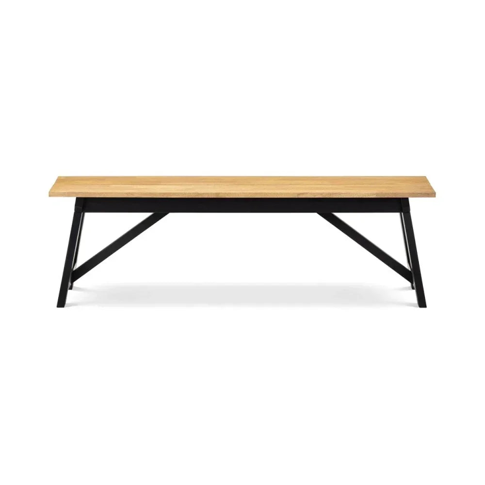 Oak dining bench with black metal legs, industrial style, front view